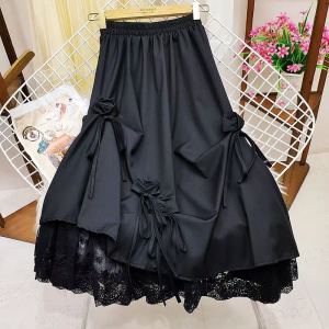 Jupe midi A-line dentelle taille haute nœud