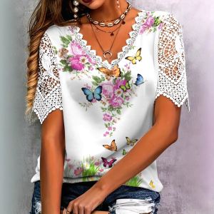 T-shirt femme imprimé papillon manches courtes