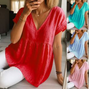 Chemise décontractée ample coton-lin à manches courtes pour femmes