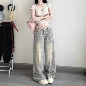 Jean Taille Haute Jambes Larges Imprimé Floral Rétro Femme