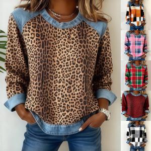 Denim Patchwork Sweatshirt Fashion Unique Crewneck Pullover Long-sleeved Shirt Top Women's Clothing