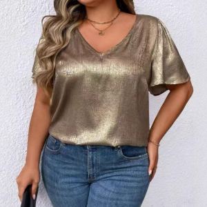 Chandail col V ample, manches courtes, couleur unie