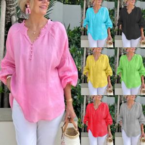 Haut coton-lin col V pour femmes
