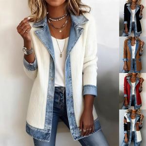 Veste patchwork denim boutonnée manches longues femme