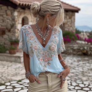 Womens V neck 3D printed Short sleeve Top With An Elegant  Artistic  And Vintage Vibe