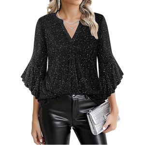 Chemise ample col V pétale maille argent femme