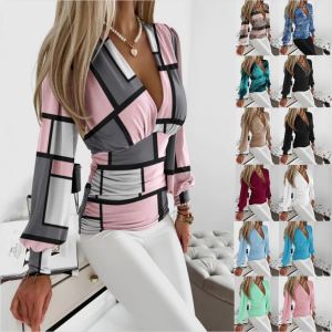 Haut femme automne col V imprimé manches longues