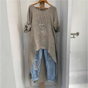 Haut col crew lin irrégulier allongé femme