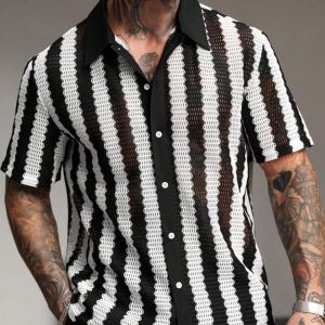 Chemise femme rayures noir blanc ajourée manches courtes