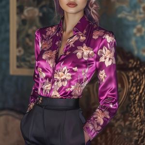 Chemise satin imprimée rétro femmes