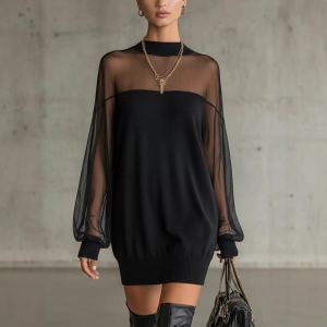 Mini jupe patchwork mesh automne-printemps col O femmes