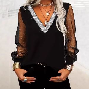 T-shirt mesh paillettes col V manches