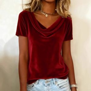 T-shirt velours sexy col rond manches courtes