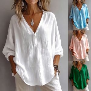 Haut coton femme ample col montant couleur unie manches longues