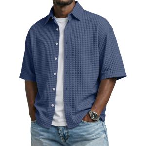 T-shirt homme, col revers, tricot gaufré, couleur unie
