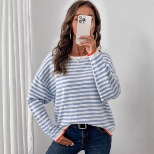 T-shirt rayé ample col rond manches longues pour femmes