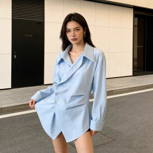 Women's Long-Sleeve Irregularly Shaped, Defined-Waistline Shirt With A Lapel Collar