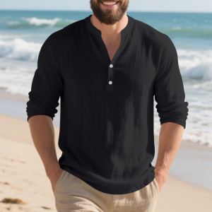 T-shirt lin col montant boutons homme
