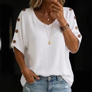 T-shirt ample à col rond boutonné pour femme