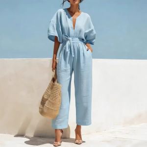 Combinaison coton-lin col V unie femme