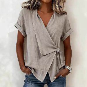 Haut femme casual col chemise dentelle manches courtes