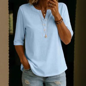 Women's Solid-Colored Cotton Button-Down Half-Sleeve Shirt