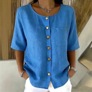 Chemise femme, col rond, boutons métal, manches 3/4