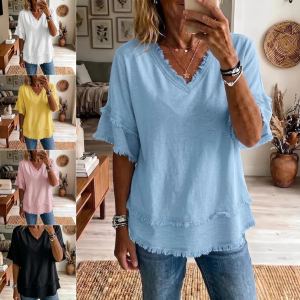 Chemise femme col V manches courtes décontractée été