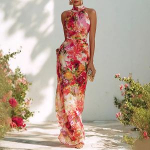 Robe mousseline fine fleurie licou printemps-été