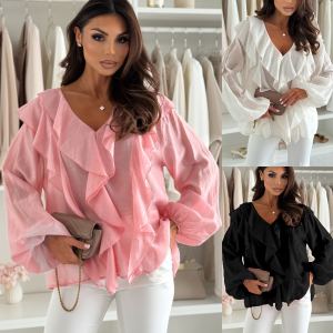 Chemise col V volants manches bouffantes longues