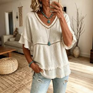 T-shirt couleur unie col V élégant