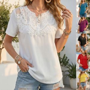 T-shirt court femme loose garniture perles ajouré