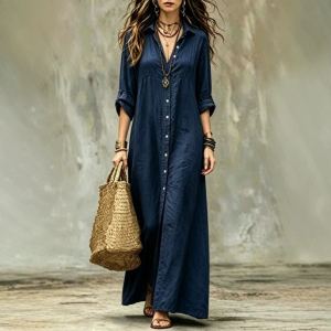Robe longue casual simple col chemise femme