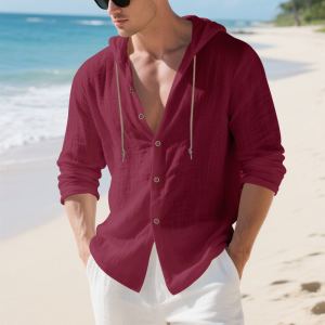 Chemise Cardigan Capuchon Coton Homme Manches Longues Casual