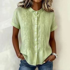 Fashionable Buttoned Stand-collar Solid-color Short-sleeve Shirt