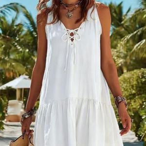 Robe midi coton-lin, lanières, couleur unie