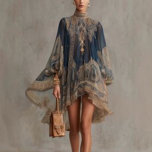 Robe mousseline imprimée col montant européenne américaine