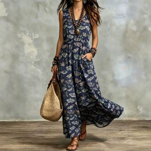 Robe longue imprimée sans manches poches