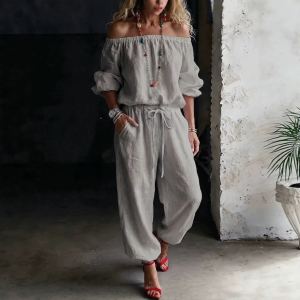 One-shoulder Top And Casual Drawstring Jogger Pants Jumpsuit Set