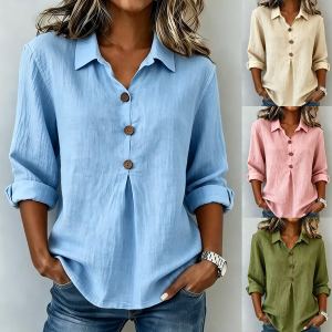 Chemise Coton-Lin Boutonnée Décontractée Manches Longues Mode