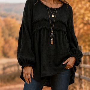 T-shirt col rond patchwork franges casual