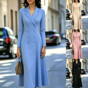 Robe longue élégante double boutonnage taille cintrée jupe évasée